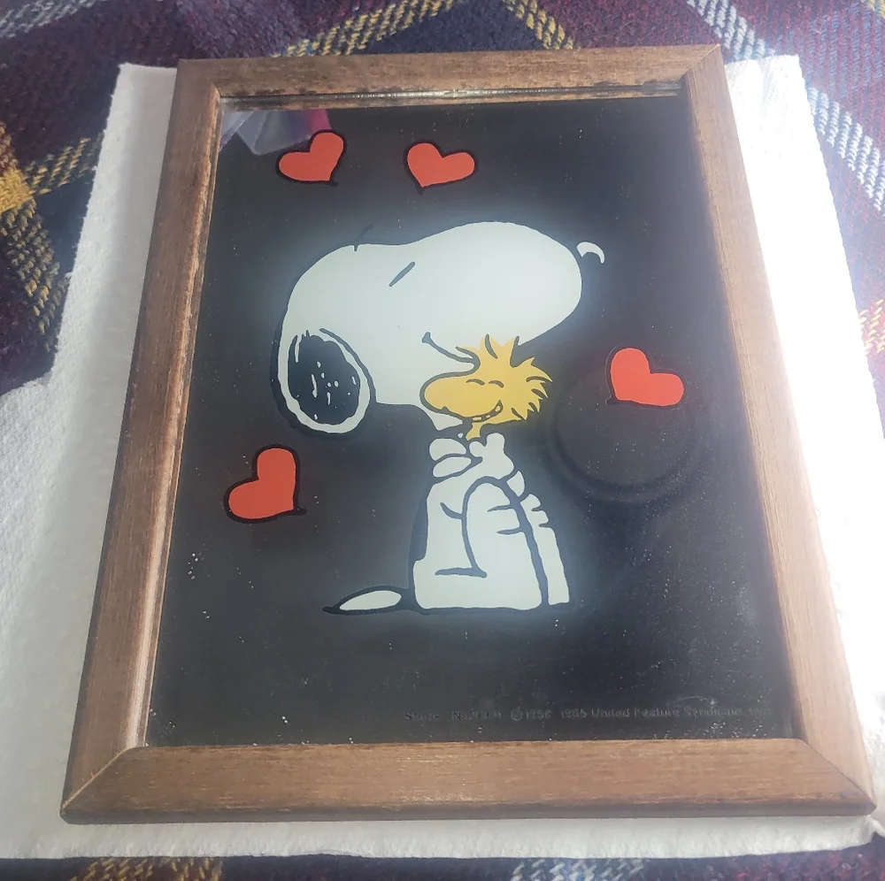 Vintage Snoopy and Woodstock Framed Glass Mirror
